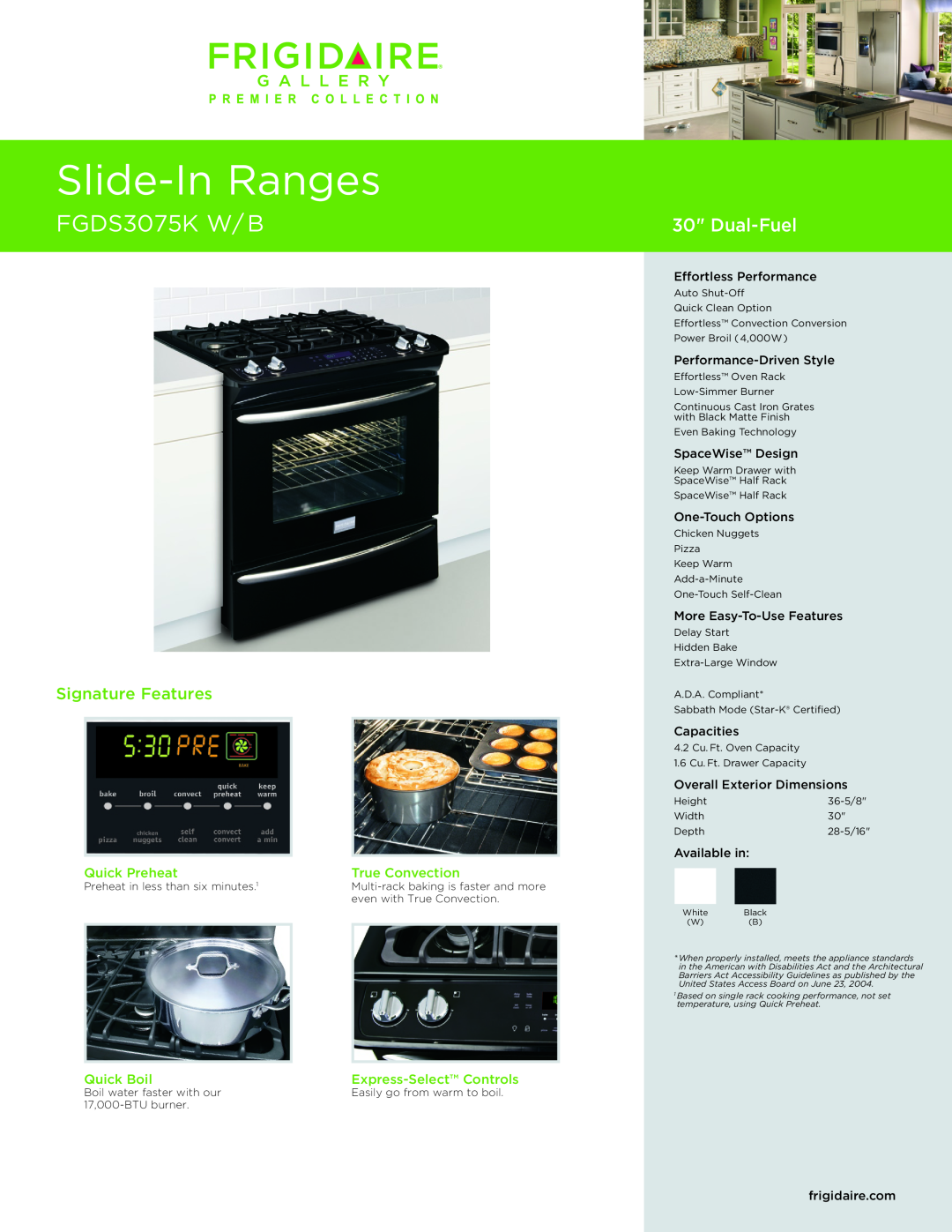 Frigidaire FGDS3075K W/B dimensions Effortless Performance, Performance-DrivenStyle, SpaceWise Design, One-TouchOptions 